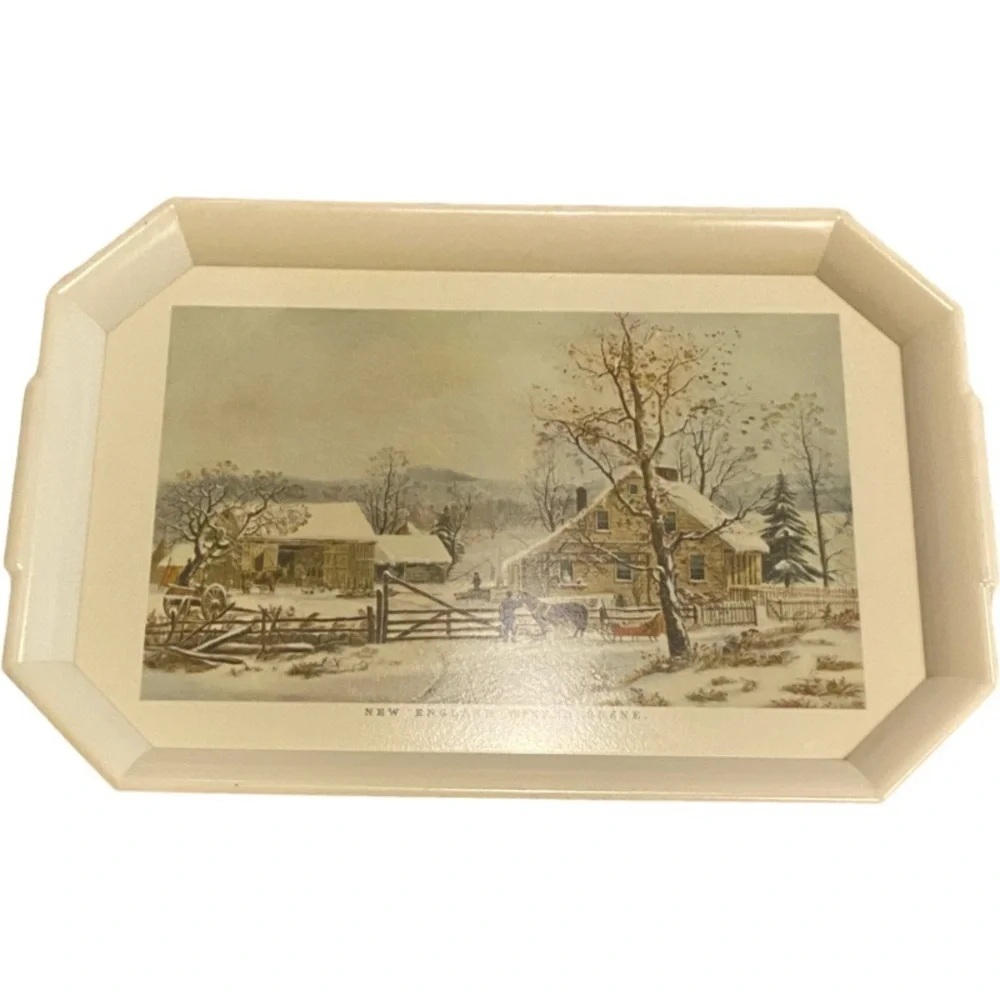 Vintage Style Cream Serving Tray. New England Winter Scene.